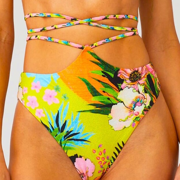 New Agua Bendita x Free People Praia Anya Lake Lg Yellow Floral Metallic 2Pc - Picture 12 of 17
